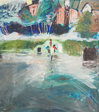 一幅画描绘了三个孩子在水中玩耍。